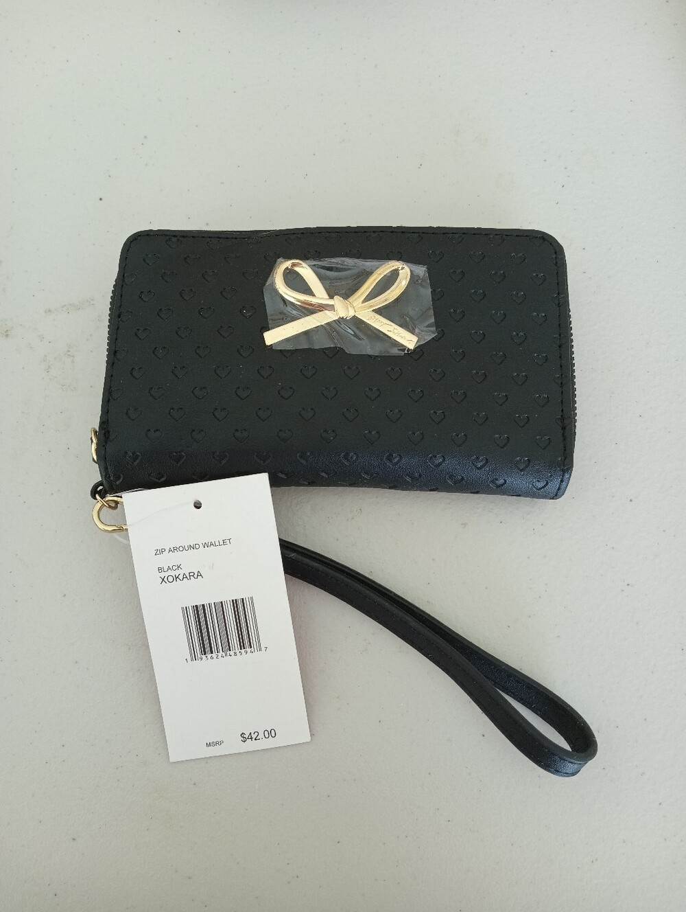 Betsey Johnson Black Zip-Around Wristlet Wallet with Gold Bow Accent